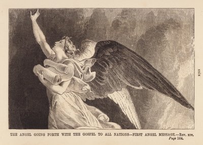 De engel op weg met het evangelie, eerste boodschap van de engel (gravure) door English School