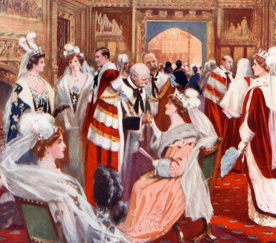 De voorkamer van het Hogerhuis voor de Staatsopening van het Parlement door English School