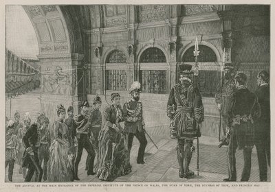 De aankomst bij de hoofdingang van het Imperial Institute van de Prins van Wales, de Hertog van York, de Hertogin van Teck en Prinses May door English School