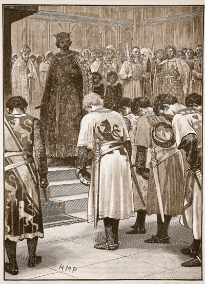 De baronnen leggen hun eisen voor aan Hendrik, illustratie uit Cassells Geïllustreerde Geschiedenis van Engeland door English School