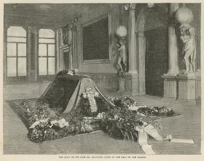 Het lichaam van wijlen Mr Browning liggend in de Hal van het Palazzo Rezzonico, Venetië door English School