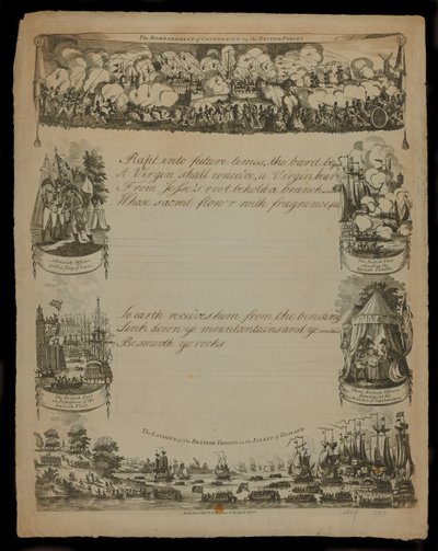 Het bombardement van Kopenhagen door de Britse troepen en De landing van de Britse troepen op het eiland Zeeland, uitgegeven door T. en R. Hughes in 1807 door English School