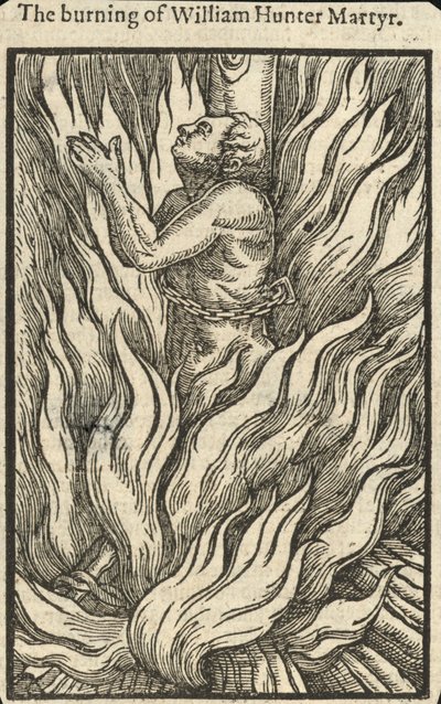 De verbranding van William Hunter, martelaar (gravure) door English School