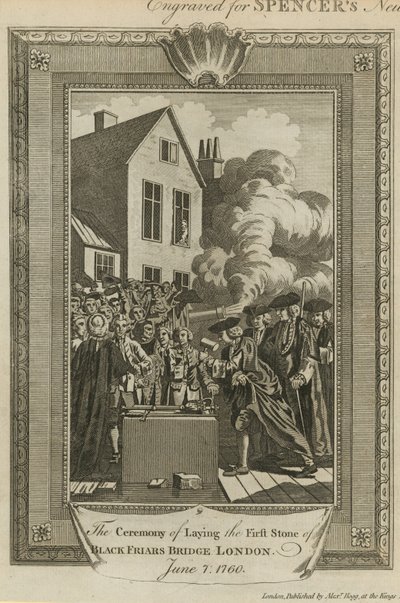 De ceremonie van het leggen van de eerste steen van Blackfriars Bridge door English School