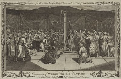 De ceremonie van het wegen van de Grote Mogol op zijn verjaardag door English School