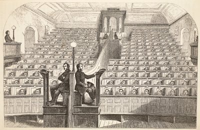 De kapel, op het afzonderingssysteem, in de Pentonville-gevangenis tijdens de kerkdienst, illustratie uit The Criminal Prisons of London and Scenes from Prison Life door Henry Mayhew en John Binny, uitgegeven 1862 door English School