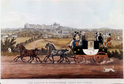 De koets (diligence) die Birmingham met Londen verbindt Lithografie van de Engelse school. 19e eeuw Privécollectie door English School