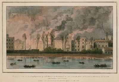De brand van beide Huizen van het Parlement zoals gezien vanaf de rivier om 8 uur 