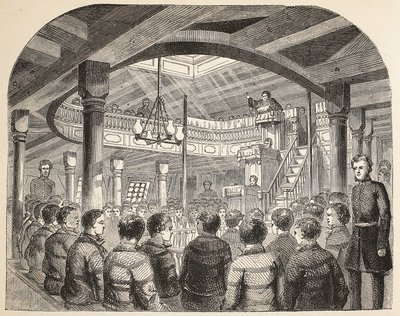 De strafgevangeniskapel aan boord van de Defence hulk in Woolwich, illustratie uit The Criminal Prisons of London and Scenes from Prison Life door Henry Mayhew en John Binny, uitgegeven 1862 door English School
