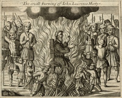 De wrede verbranding van John Laurence, martelaar (gravure) door English School