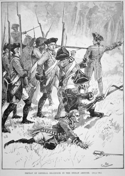De nederlaag en dood van Generaal Edward Braddock in de Indiaanse hinderlaag door English School