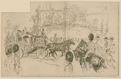 Het vertrek van de Prins van Wales met de bruid van Marlborough House naar Buckingham Palace, 23 juli 1896 door English School