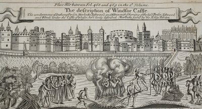 De beschrijving van Windsor Castle, illustratie uit Handelingen en Monumenten van John Foxe, negende editie, uitgegeven 1684 door English School