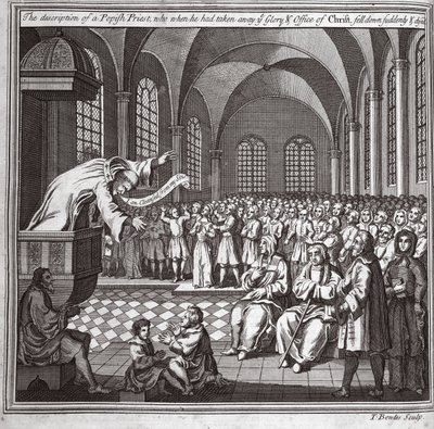 De beschrijving van een pauselijke priester, die toen hij de glorie en het ambt van Christus had weggenomen, plotseling neerviel en stierf, illustratie uit Foxes Martelaren ca. 1703 door English School