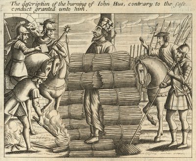 De beschrijving van de verbranding van Johannes Hus, in strijd met de hem toegekende vrijgeleide (gravure) door English School