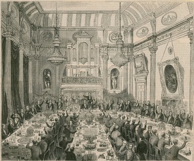 Het diner gegeven aan Sir H Hardinge door de Oost-Indische Compagnie, London Tavern, 1844 door English School