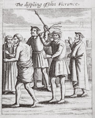 De bestraffing van John Florence, illustratie uit Handelingen en Monumenten van John Foxe, negende editie, uitgegeven 1684 door English School