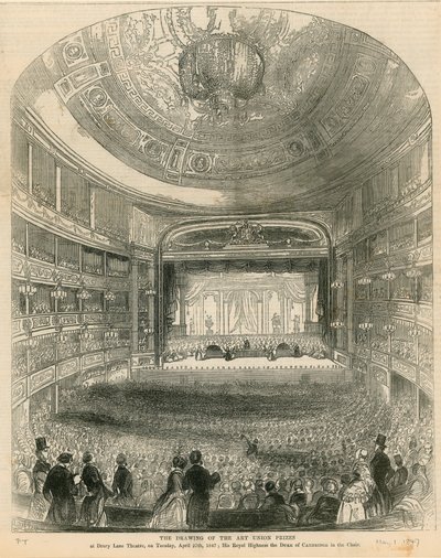 De trekking van de Art Union prijzen in Drury Lane Theatre op 27 april 1847 door English School