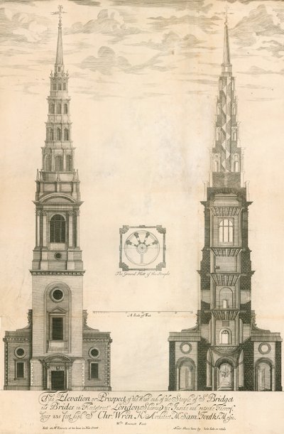 De elevatie en het uitzicht van het westelijke uiteinde van de toren van de St Brides kerk in Fleet Street, Londen door English School
