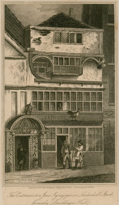 De ingang van een Joodse Synagoge in Leadenhall Street, Londen, voorheen Bricklayers Hall door English School