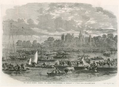 De vrouwelijke Blondin die de Theems oversteekt van Battersea naar Cremorne op een strak touw door English School