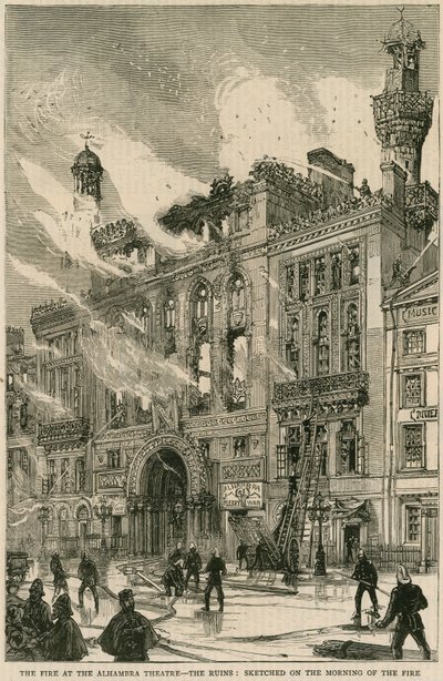 De brand in het Alhambra Theatre - de ruïnes, geschetst op de ochtend van de brand, 7 december 1882 door English School