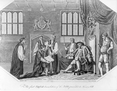 De eerste Engelse vertaling van de Bijbel gepresenteerd aan Hendrik VIII, 1824 door English School