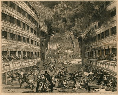 Het eerste brandalarm aan het einde van het Bal Masque in Covent Garden Theatre, Londen door English School