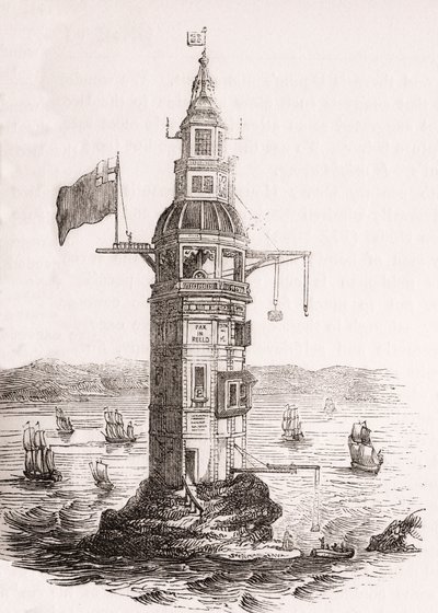 De eerste vuurtoren gebouwd op Eddystone Rocks, Plymouth, Devon, Engeland door English School