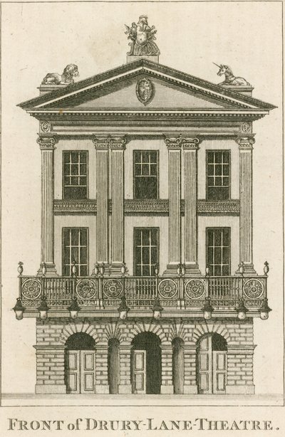De voorkant van het Drury Lane Theatre, Londen door English School