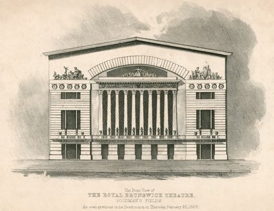Het vooraanzicht van het Royal Brunswick Theater, Goodmans Fields, Londen door English School