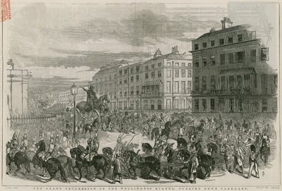 De grote processie van het Wellington-standbeeld dat Park Lane afslaat door English School