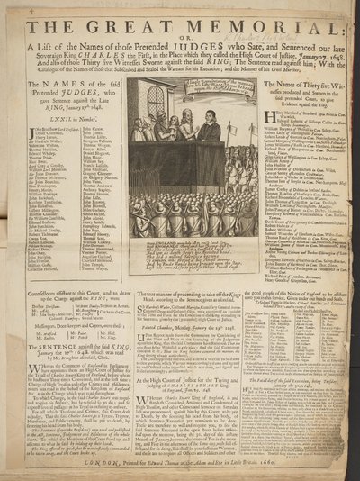 De grote gedenksteen, of, Een lijst van de namen van die vermeende rechters die onze overleden Soeverein Koning Karel de Eerste hebben berecht en veroordeeld, in de plaats die zij het Hooggerechtshof noemden, 27 januari door English School
