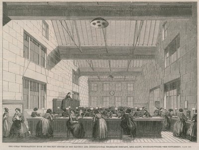 De grote telegraafkamer in de nieuwe kantoren van de Electric and International Telegraph Company door English School