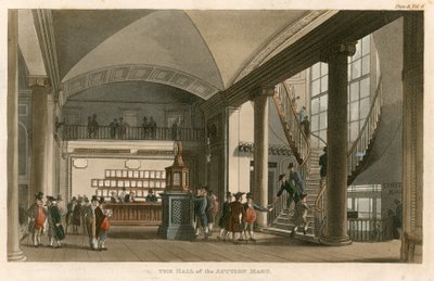 De hal van de Auction Mart, St Bartholomews Lane, Londen door English School
