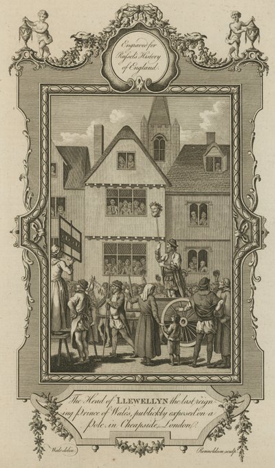 Het hoofd van Llewellyn, de laatste regerende Prins van Wales, publiekelijk tentoongesteld op een paal in Cheapside, Londen door English School