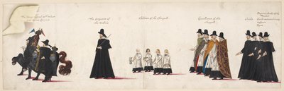 Het paard gevangen met fluweel, geleid door twee stalmeesters; de sergeant van de Vestrie; kinderen van de Chapel Royal. Deel van de begrafenisstoet van koningin Elizabeth I naar Westminster Abbey, 28 april 1603 door English School