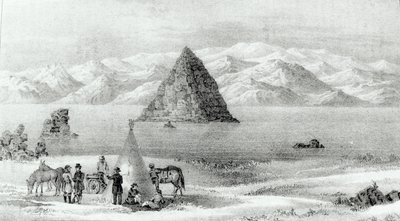 De houwitser bij Pyramid Lake in januari 1844, uit Verslag van de Verkenningsexpeditie naar de Rocky Mountains in 1842 en naar Oregon en Noord-Carolina in 1843-44 door John C. Fremont, gepubliceerd 1845 door English School