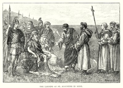 De landing van Sint-Augustinus in Kent (gravure) door English School