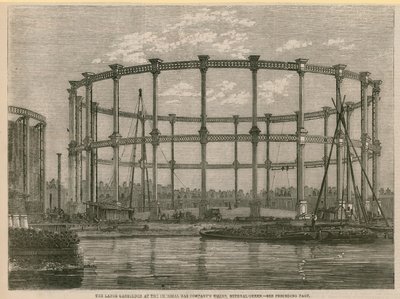 De grote gashouder bij de Imperial Gas Company, Bethnal Green, Londen door English School