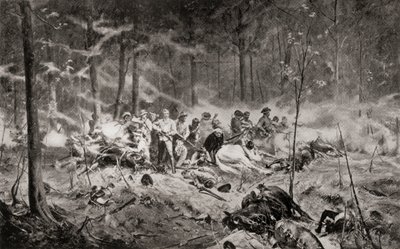 De laatste stand van majoor Allan Wilson aan de Shangani-rivier, Matabeleland, tijdens de Eerste Matabele-oorlog in 1893, naar het schilderij van Allan Stewart, uit 