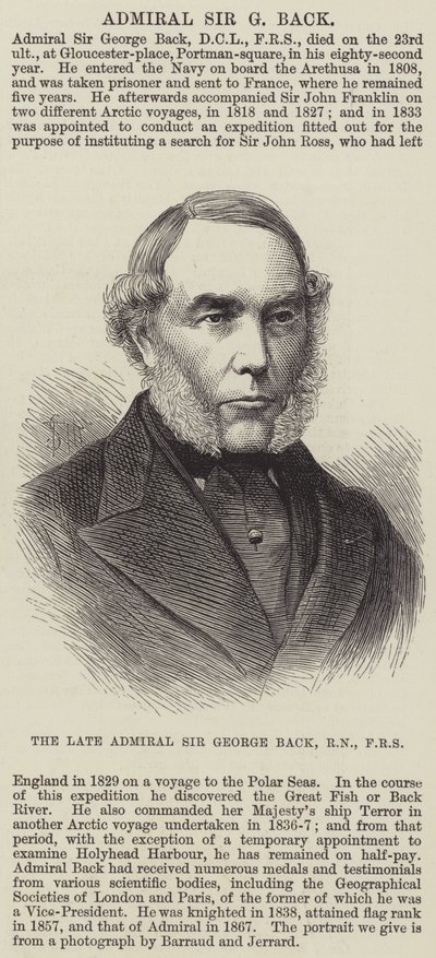 De overleden Admiraal Sir George Back, RN, FRS (gravure) door English School