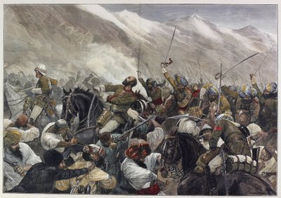 De laatste Afghaanse oorlog: de dood van majoor Wigram Battye in de slag bij Futtehabad op 30 april (gekleurde gravure) door English School