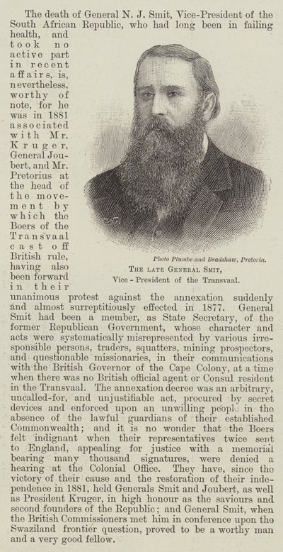 De overleden generaal Smit, vice-president van de Transvaal (gravure) door English School