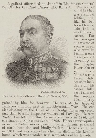 De overleden Luitenant-Generaal Sir C C Fraser, VC (gravure) door English School