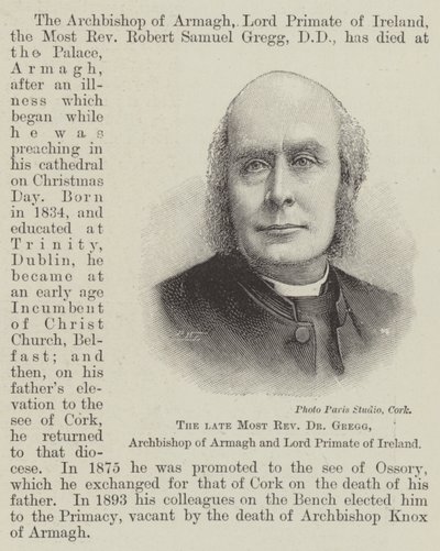 De wijlen aartsbisschop Dr Gregg, aartsbisschop van Armagh en Lord Primate van Ierland (gravure) door English School