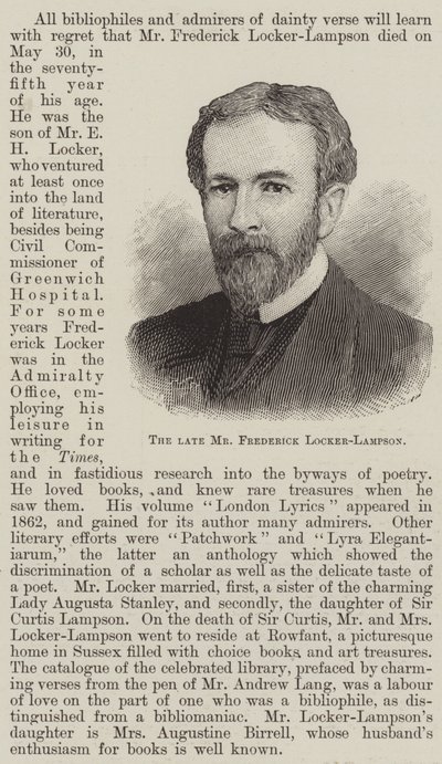 De overleden Mr Frederick Locker-Lampson (gravure) door English School