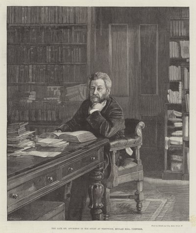 De overleden Mr Spurgeon in zijn studeerkamer in Westwood, Beulah Hill, Norwood (gravure) door English School