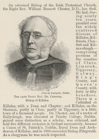 De overleden Rechtse Eerwaarde Dr Chester, Bisschop van Killaloe door English School