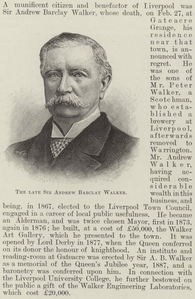De wijlen Sir Andrew Barclay Walker (gravure) door English School